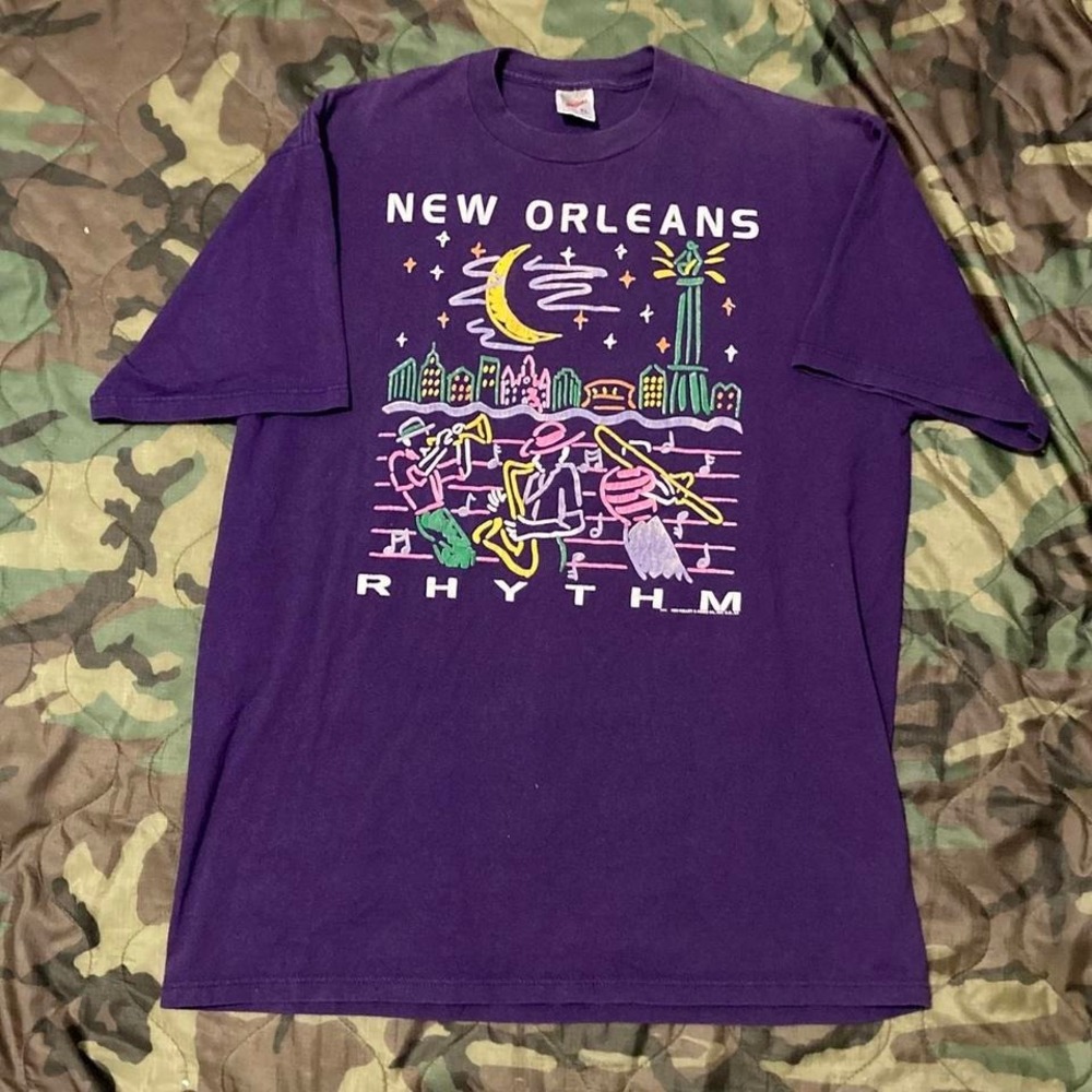 New Orleans Rhythm 90s jazz purple tee Jerzees USA cotton XL/21.5
